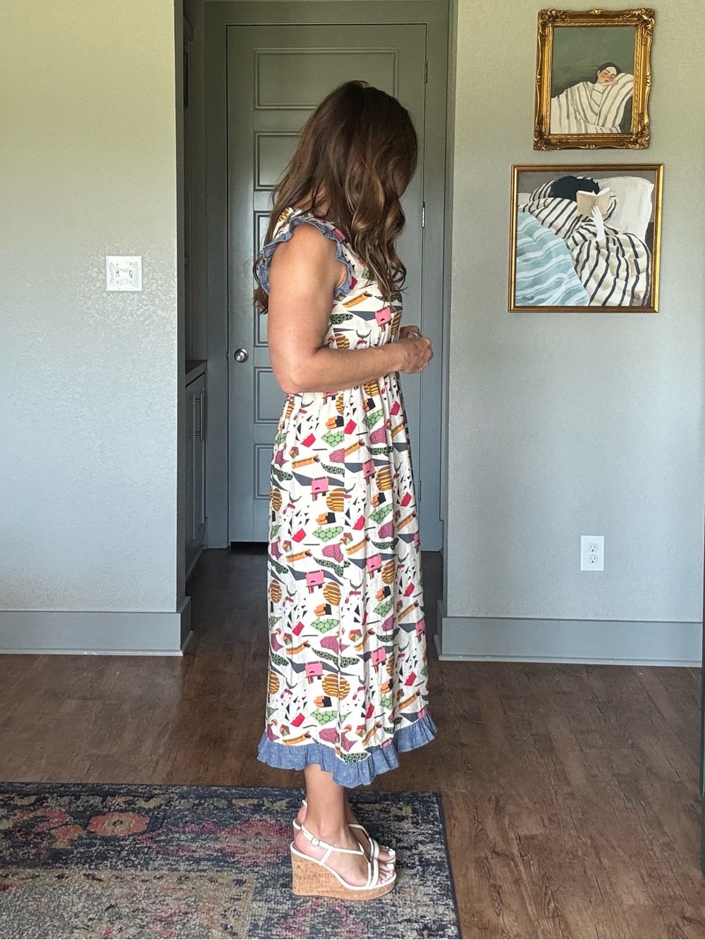 THML Novelty Print Midi Dress Ruffle Sleeve Pockets Size Medium - Picture 2 of 6